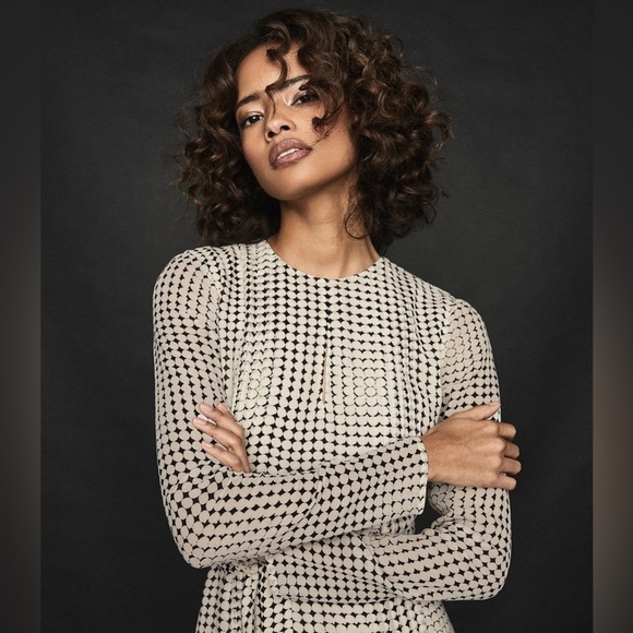 REISS Elissa White Black Spot Monochrome Long Sleeve Mini Fit Flare Tie Dress - Picture 13 of 17